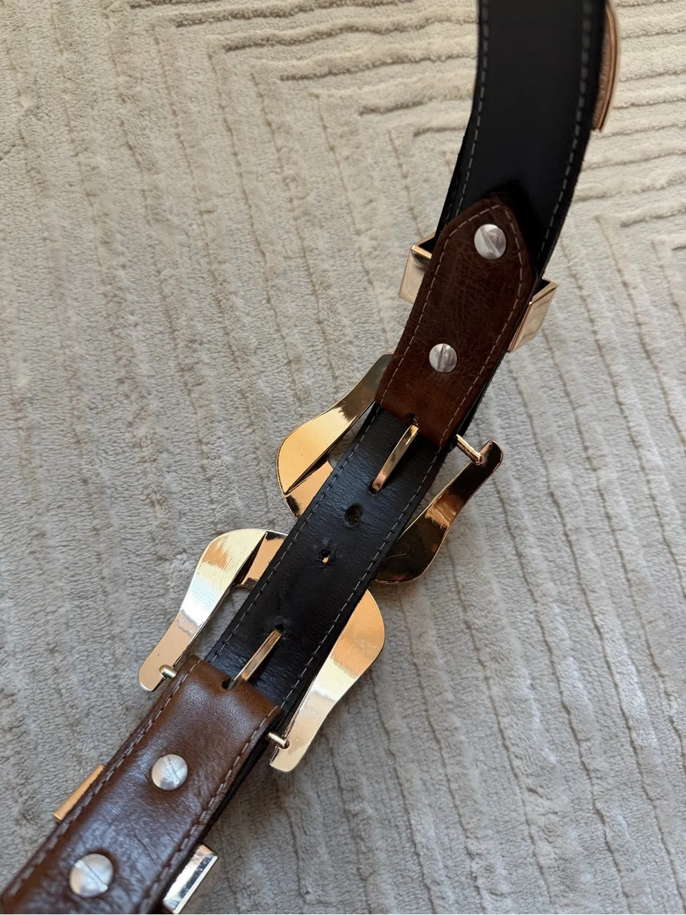 Women's Brown Leather Double Western Buckle Belt with Silver Floral Accents